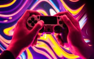 שלט של סוני פלייסטיישן 4 על גבי רקע צבעוני