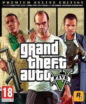 עטיפת המשחק Grand Theft Auto V Premium Online Edition למחשב, מציגה את הדמויות הראשיות עם רקע ניווני. מופיע בה כיתוב '18+' ולוגו Rockstar. מתאים לחובבי GTA 5.