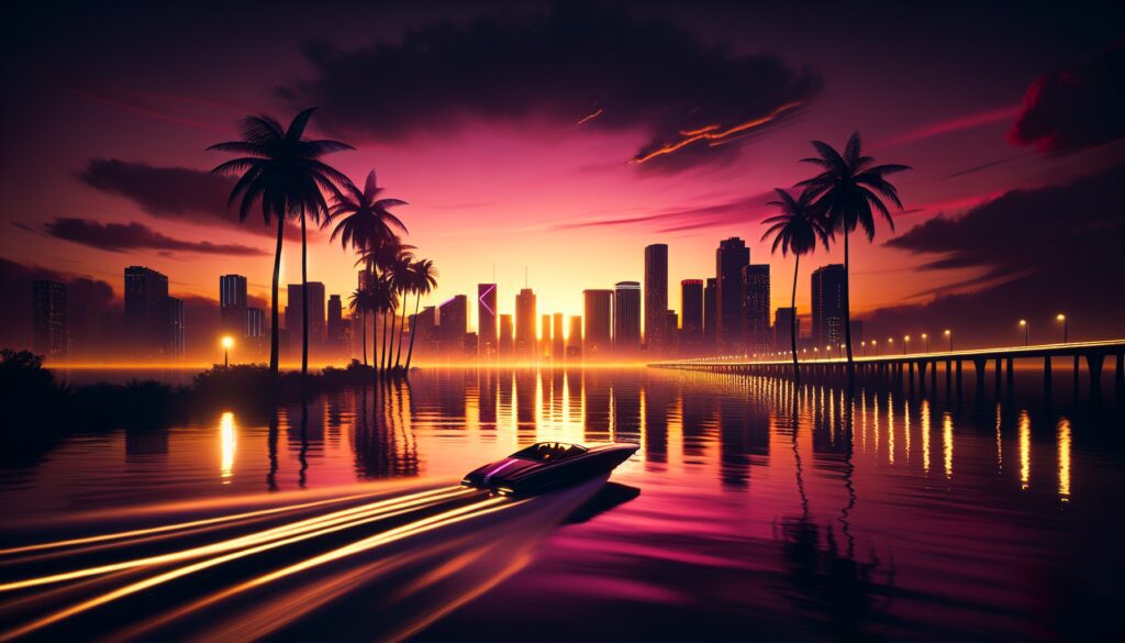 איור בהשראת Vice City: עיר חוף בשקיעה, דקלים וסירה מהירה