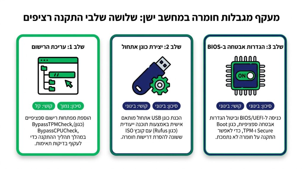 שלוש שיטות לעקיפת דרישות החומרה: עריכת הרישום, יצירת כונן התקנה ושינוי הגדרות ב-BIOS