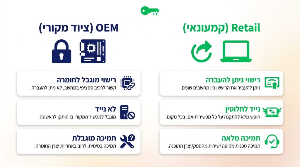 השוואה בין רישיון OEM לרישיון Retail: העברה בין מחשבים, ניידות ותמיכה