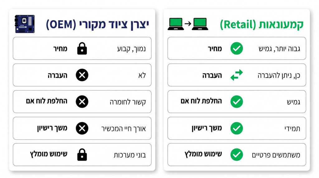 טבלת השוואה בין רישיון OEM לרישיון Retail: מחיר, העברה, החלפת לוח אם ומשך הרישיון