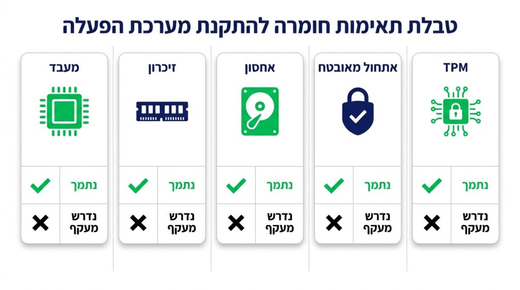 טבלת תאימות חומרה לווינדוס 11: מעבד, זיכרון, אחסון, אתחול מאובטח ו-TPM
