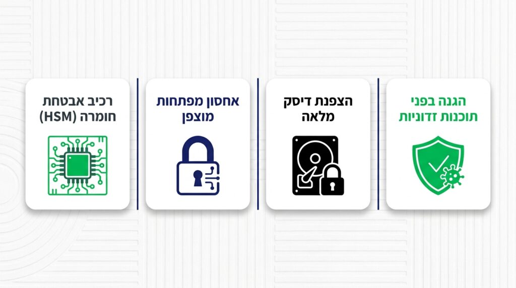 רכיבי האבטחה שווינדוס 11 נשען עליהם: שבב אבטחה בחומרה, אחסון מפתחות מוצפן, הצפנת דיסק והגנה מפני תוכנות זדוניות