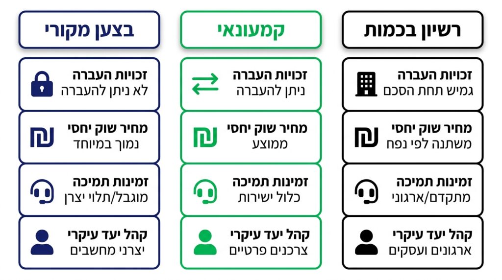 השוואה מסכמת בין רישיון בכמות, רישיון קמעונאי ורישיון OEM: העברה, מחיר יחסי, תמיכה וקהל יעד