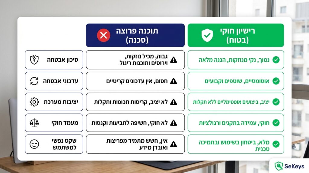 טבלת השוואה בין רישיון חוקי לתוכנה פרוצה: אבטחה, עדכונים, יציבות, מעמד חוקי ושקט נפשי
