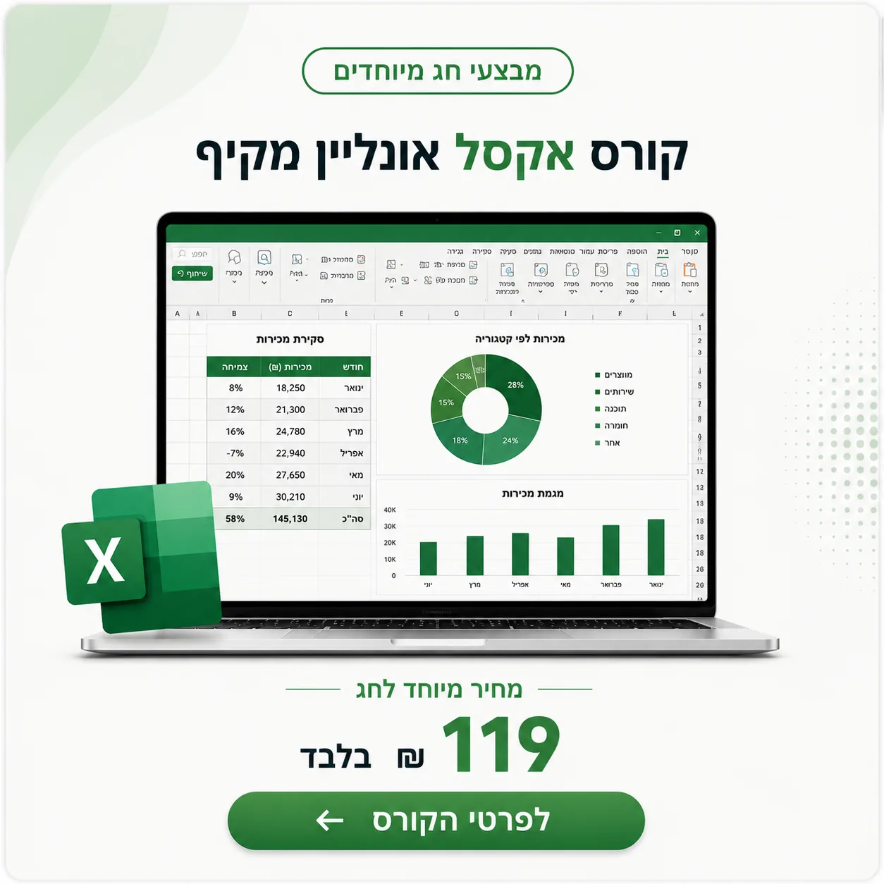 קורס אקסל אונליין מקיף במחיר מיוחד לחג &ndash; 119 ₪